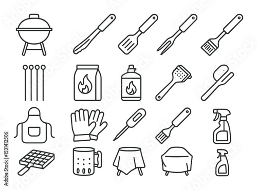 Barbecue tools set. grilling equipment linear icons. grill, fork, spatula, apron, gloves vector icons.