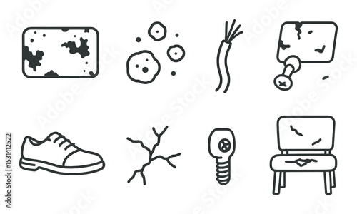 Damage and repair set. household linear damage. mold, leak, crack, shoe, chair vector icons.