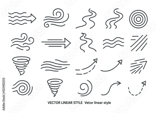 Wind and arrow set. weather elements, tornadoes, arrows, linear vector icons.