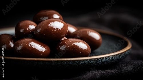 Wallpaper Mural A close-up of glossy chocolate-covered prunes on a dark ceramic plate, soft moody lighting Torontodigital.ca