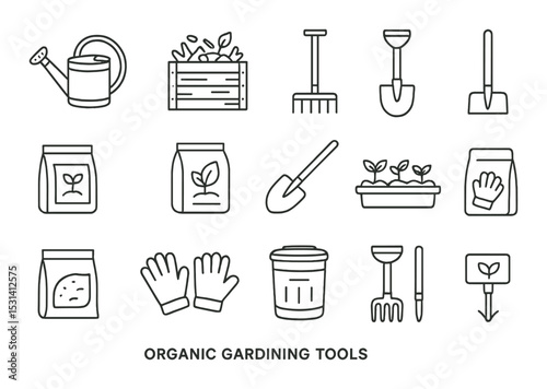 Gardening tool set. organic garden flat icons. watering can, shovel, gloves, plant vector icons.