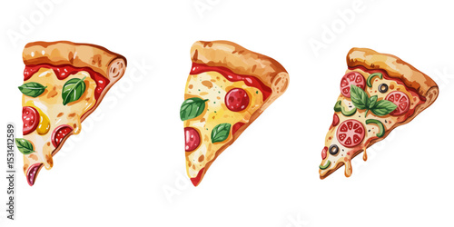 Assorted pizza slices and calzones in flat style with melted cheese and toppings vector illustration, Pizza Slices Icon Set, hand sketched pizza illustration with pepperoni, transparent background
