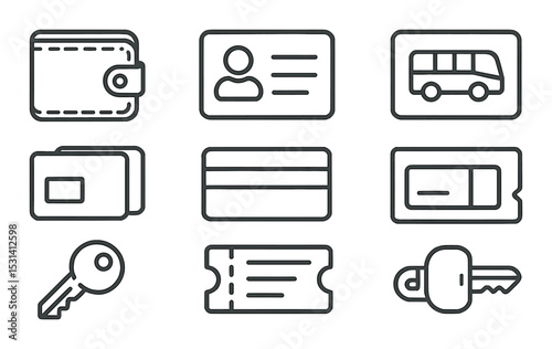 Wallet and id card set. linear wallet, id, bus, card, ticket, key vector icons.