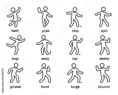 Dance move set. silhouette dance moves: twirl, step, sway, stomp, groove, lunge vector icons