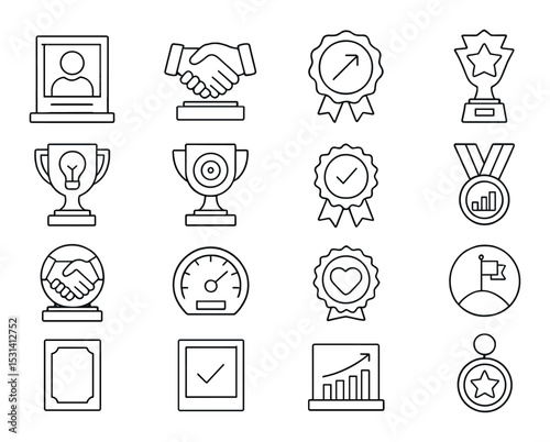 Achievement award set. linear success, trophy, handshake, medal, certificate vector icons.
