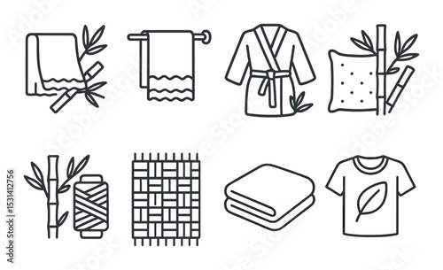 Bamboo textile set. eco-friendly silhouette icons: towel, robe, pillow, blanket, shirt vector icons.