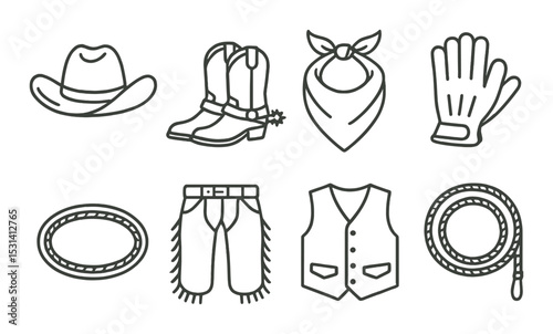 Cowboy gear set. western accessories silhouette hat, boots, bandana, lasso vector icons.