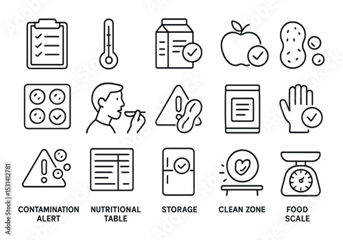 Food safety icons set. linear symbols: contamination, thermometer, apple, scale vector icons.