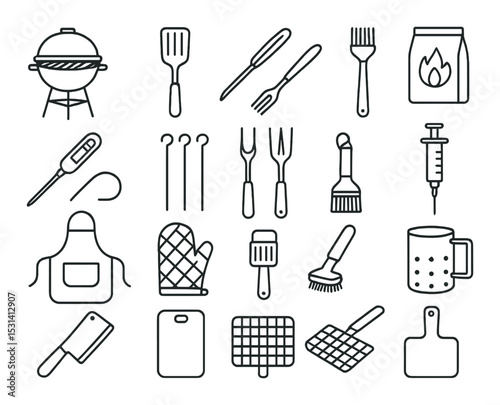 Bbq tools set. grilling essentials linear icons. grill, spatula, fork, apron, syringe vector icons.