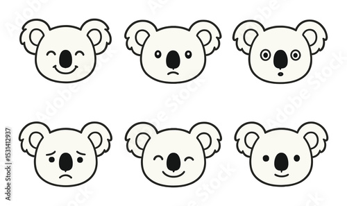 Koala face set. animal emotion flat koala, happy, sad, surprised, wink, neutral vector icons