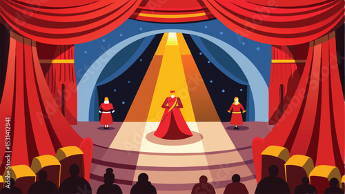 Theatre performance illustration featuring actors on stage with red curtains and spotlights