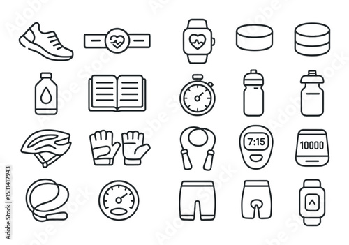 Fitness equipment icon set. exercise and health linear symbols. shoe, watch, timer, book vector icons.
