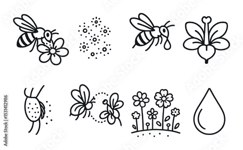 Bee and flower set. silhouette honeybee, blossoms, pollen, garden vector icons.