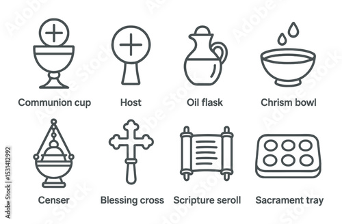 Communion set. religious symbols silhouette icons. cup, cross, scroll, bowl, censer vector icons.