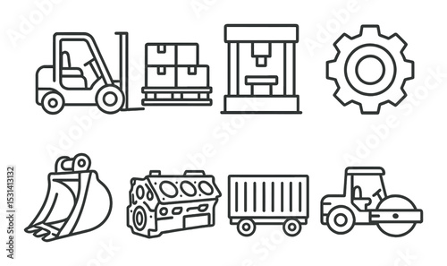 Industrial equipment set. machinery icons in silhouette style. forklift, engine, roller vector icons.