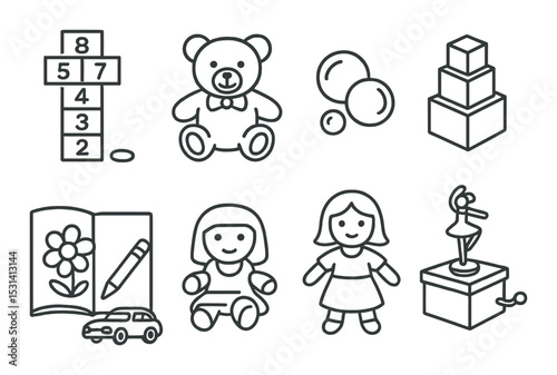 Children's toy set. playful kids linear blocks, doll, teddy, book, ball, bubbles vector icons