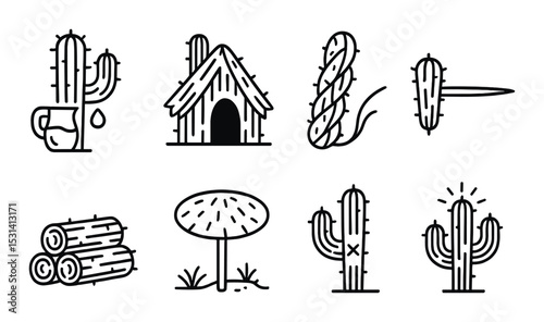 Cactus set. desert flora silhouette icons. cactus, hut, rope, log, mushroom vector icons.