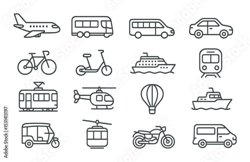 Transport set. linear travel vehicles. car, airplane, bus, bike, train, boat vector icons.