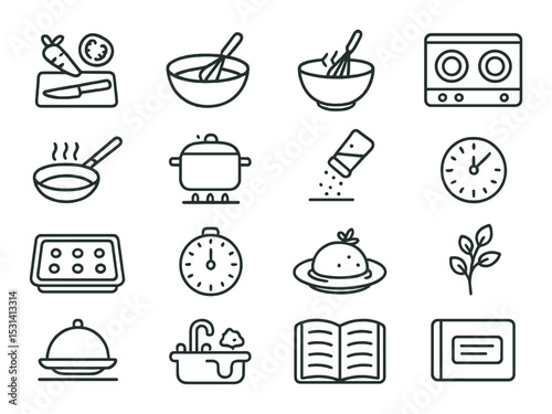 Cooking set. kitchen linear icons: whisk, pot, clock, frying pan, book, plant vector icons.
