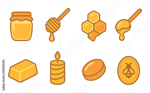 Honey and bees set. sweet linear icons: jar, dipper, comb, candle, soap, wax, bee vector icons.