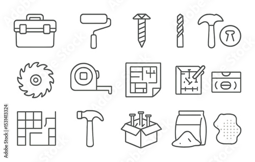 Construction tool set. home improvement silhouette toolkit. hammer, drill, saw, tape, blueprint vector icons.
