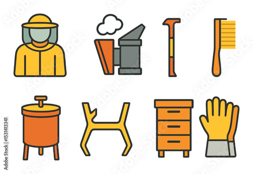 Beekeeping tools set. honey, beehive, smoker, extractor, comb, brush silhouette vector icons.