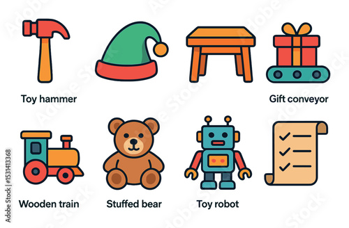 Toy icon set. linear toys: hammer, train, bear, robot, conveyor, list vector icons.