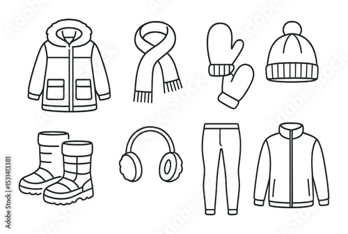Winter clothing set. cozy apparel silhouette icons. jacket, scarf, mittens, hat, boots vector icons.