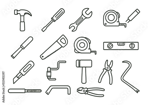 Hand tool set. construction silhouette tools. hammer, screwdriver, saw, wrench vector icons.