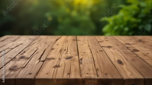 Rustic Wooden Tabletop with Blurred Green Foliage Background for Product Display Video