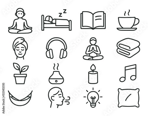 Relaxation icon set. wellness, meditation, yoga, sleep, music, flat vector icons