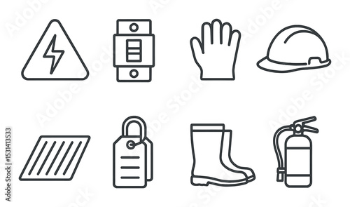 Safety equipment set. industrial protective gear linear icons. gloves, helmet, boots, fire extinguisher vector icons.