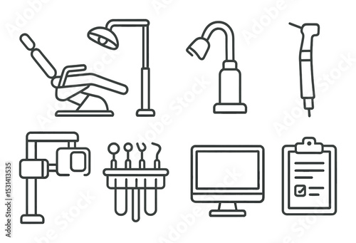 Dental clinic set. medical equipment linear design. chair, lamp, drill, monitor, tools vector icons.