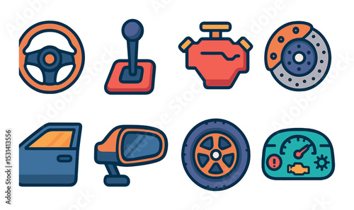 Car parts set. automotive flat icons: steering, gear, engine, brake, tire, speedometer vector icons.