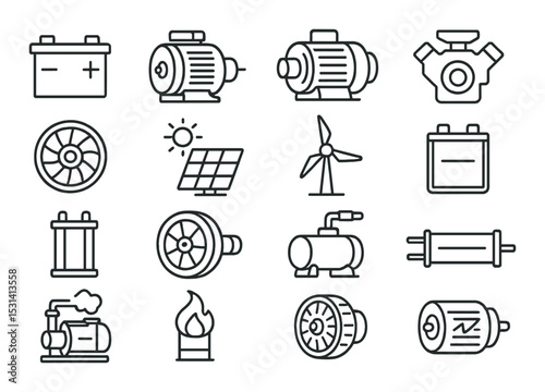 Energy set. renewable resources linear icons. battery, motor, solar, wind, engine vector icons.