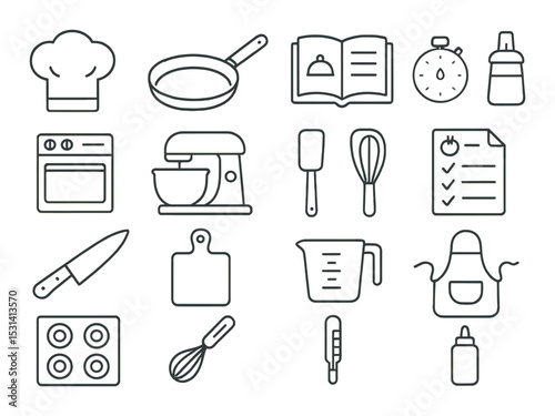 Culinary tools set. kitchen linear equipment. knife, whisk, oven, apron, timer vector icons.