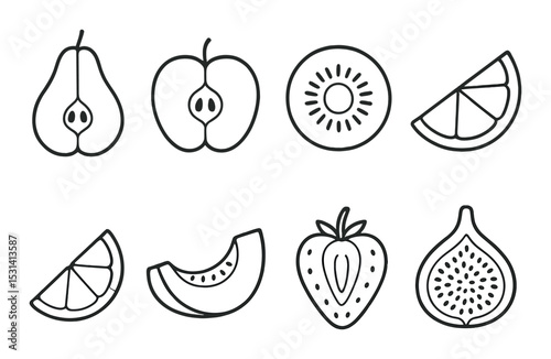 Fruit set. fresh healthy foods linear pear, apple, kiwi, lemon, melon, strawberry icons