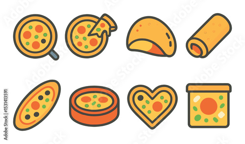 Pizza icon set. delicious snack flat icons. slice, taco, roll, wrap, heart, box vector icons.