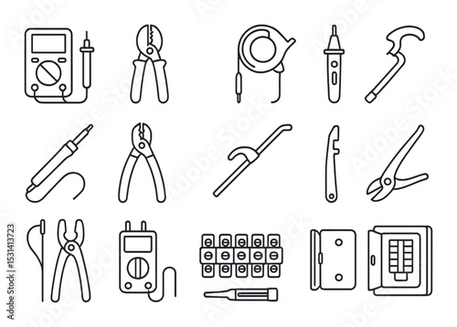 Electrical tool set. flat power tools: multimeter, pliers, cutters, stripper vector icons.