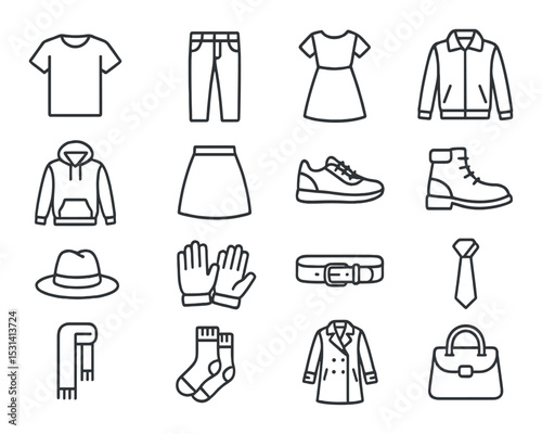 Clothing set. fashion wardrobe linear icons. shirt, pants, dress, shoes, coat vector icons.