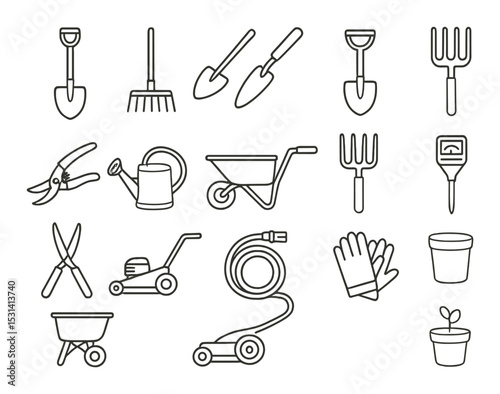 Gardening tools set. linear garden tools: shovel, rake, wheelbarrow, gloves vector icons.