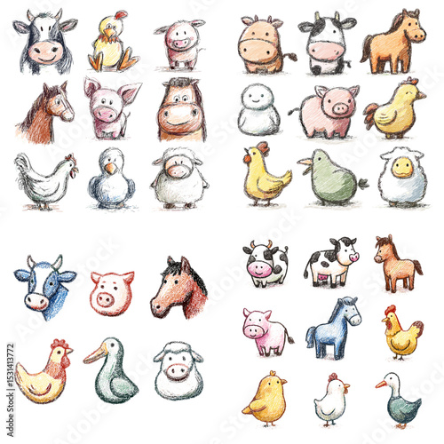 Adorable hand-drawn illustration of farm animals including cows, chickens, ducks, pigs, sheep, and horses, ideal for kids and agricultural themes.

