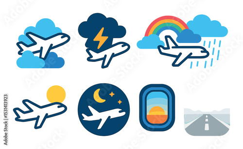 Airplane weather set. aviation conditions flat style. cloud, thunder, rainbow, sun, moon, window vector icons.