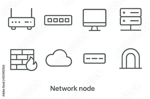 Network node set: linear router, firewall, cloud, server, monitor, gateway vector icons