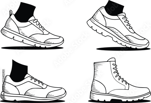 Stylish Footwear Designs Fashion Sneakers Boots Outline Drawings Athletic Shoes Apparel, silhouette