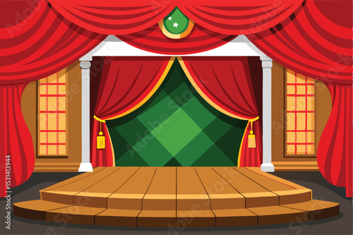 Vector illustration of a theatrical stage with red curtains and a diamond backdrop.