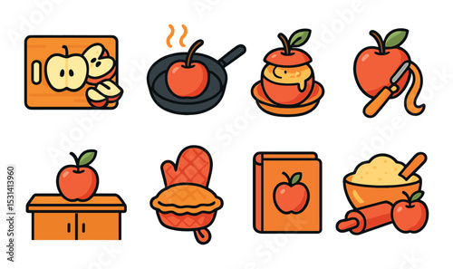 Apple set. flat fruits and kitchen elements: cutting board, pie, book, bowl vector icons