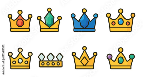 Crown icon set. royalty flat crowns. jewels, tiara, regal, monarchy, king, queen vector icons.