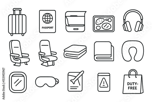 Travel accessory set. essential travel linear icons. suitcase, passport, headphones, pillow vector icons.