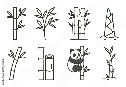 Bamboo icon set. nature-themed linear bamboo, panda, shoot, leaf, stick vector icons.